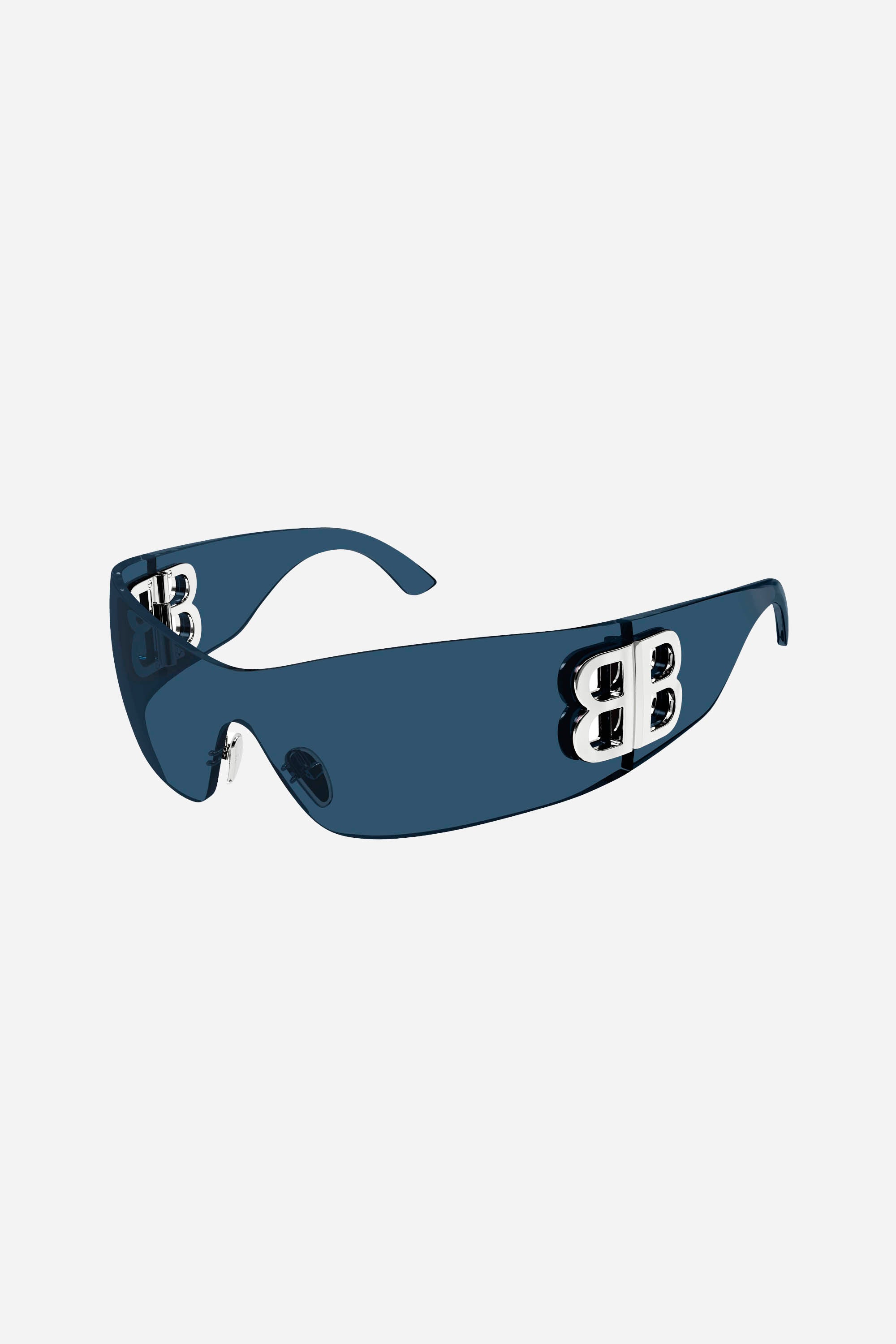 Gafas de sol azules de una sola lente con logotipo plateado